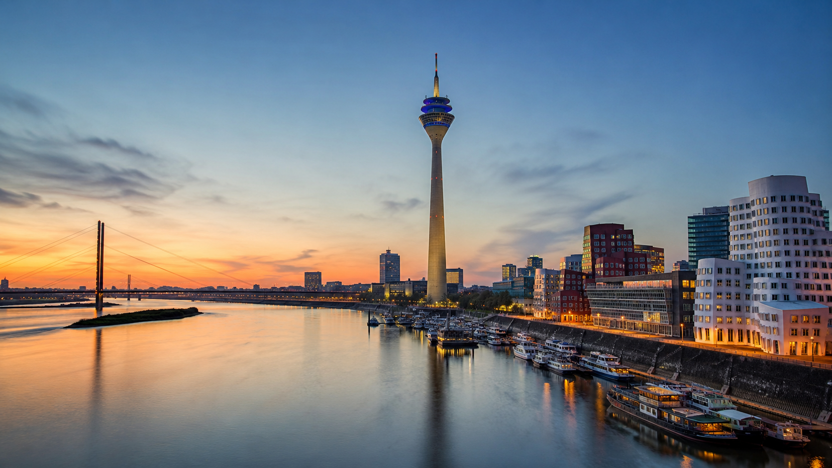 Düsseldorfer MedienHafen am Rhein mit Rheinturm und moderner Architektur bei Abendlicht